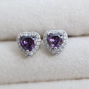 6mm Purple AAA CZ Diamond Heart Halo Stud Earrings Silver Stainless Steel